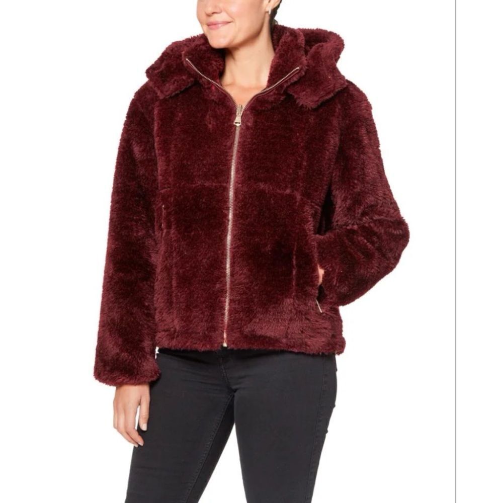 NWT Vince Camuto Reversable Red Oxblood Red Faux Fur Zip Up Hooded Jacket XS